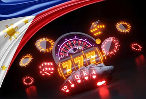 Casino chips, dices, cards, slots, and roulette right next to the Philippines flag