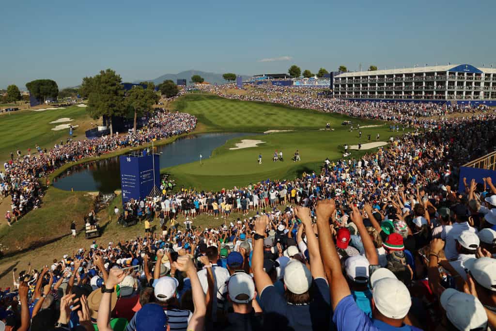 A general view of the 16th green at Marco Simone Golf Club during the Sunday singles matches of the 2024 Ryder Cup.