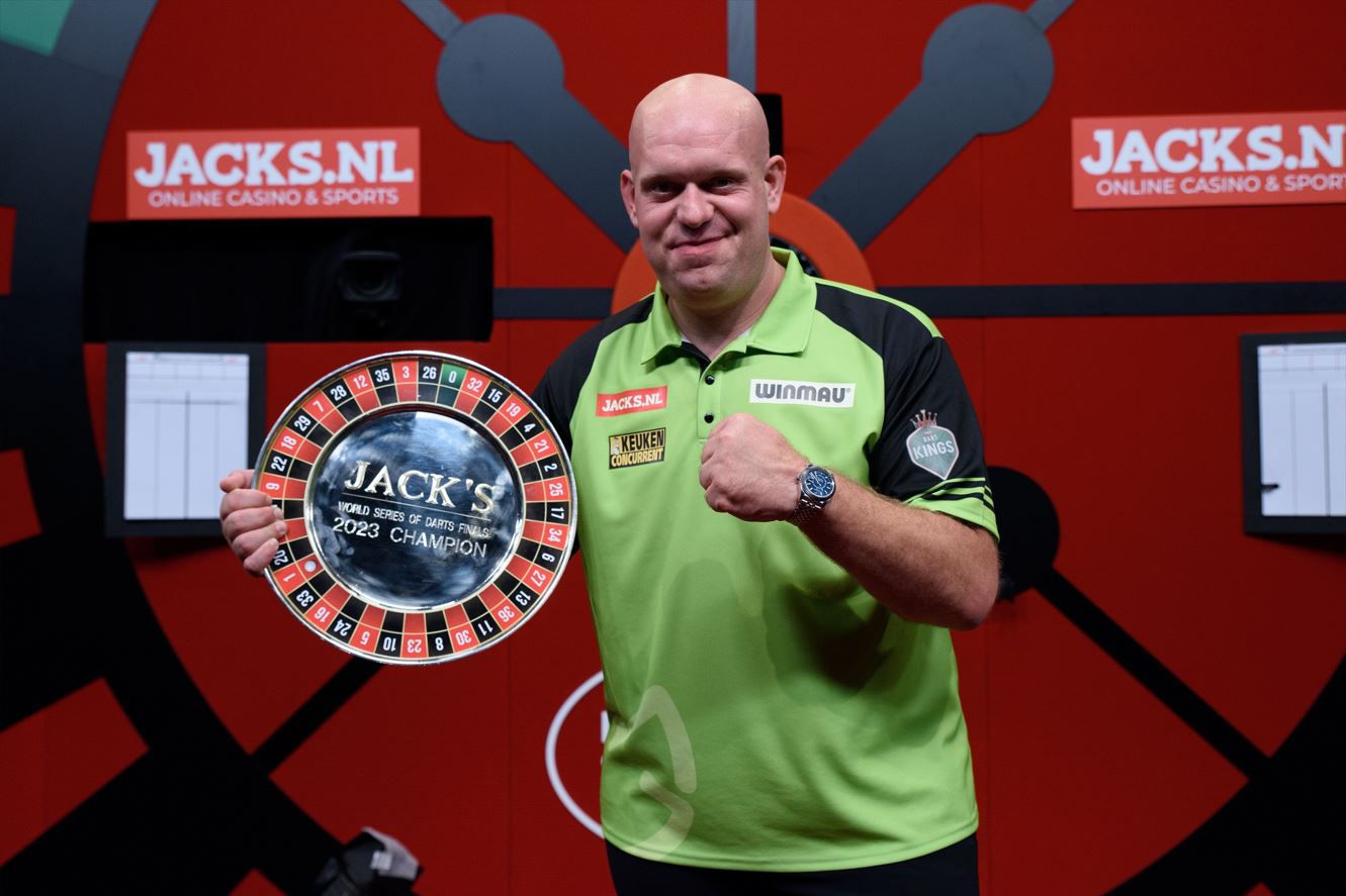 Michael van Gerwen with his 2023 Jacks World Series of Darts Finals trophy.